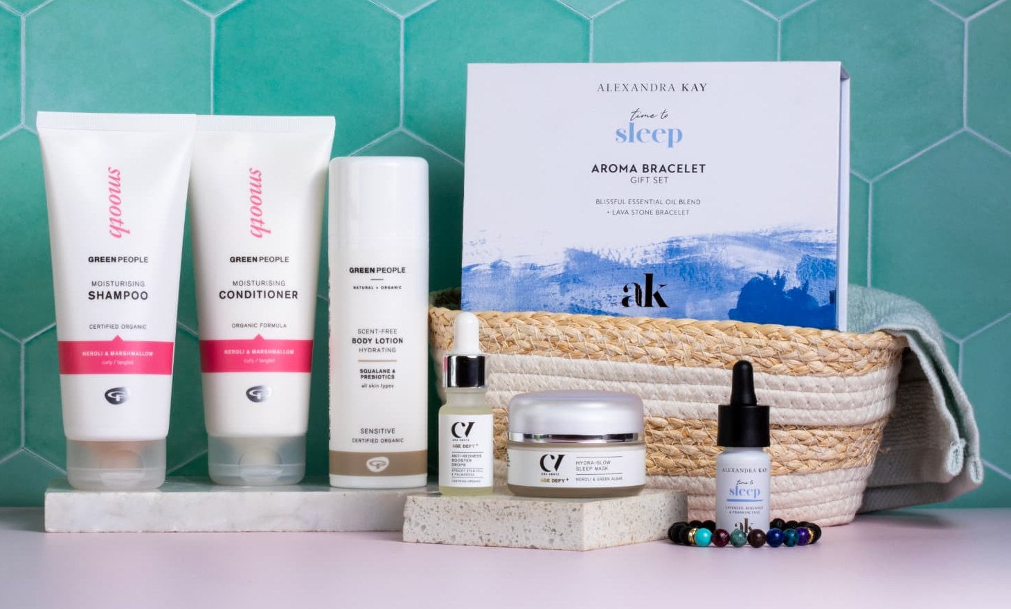 Green People and Alexandra Kay giveaway products on a bathroom shelf